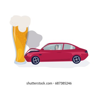 Drunk driver concept. Car crached into beer glass. Colorful vector illustration.