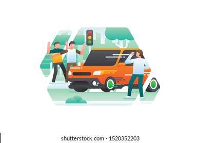 A Drunk Driver Drives His Car Very Fast And Violates Traffic Lights And Endangers Pedestrians Who Are Crossing The Road. Transportation Vector Illustration