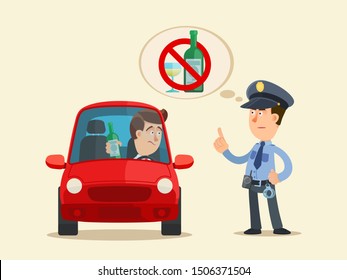 Drunk driver. Drunk driving is prohibited. A policeman wants to arrest a driver for drinking alcohol. Vector illustration, flat design, cartoon style. Isolated background.