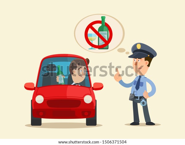 飲酒運転 飲酒運転は禁止です 警官は酒を飲むために運転手を逮捕したいと考えている ベクターイラスト フラットデザイン カートーンスタイル 分離型背景 のベクター画像素材 ロイヤリティフリー