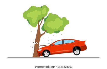 Drunk driver fell asleep and lost control the car crashed into a tree. Vector illustration.