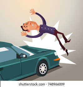 Drunk driver hit man by car. Road accident concept. Vector flat cartoon illustration