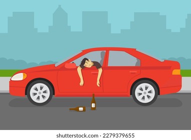 Drunk driver leaning out of the car window. Character's arms hangs down from open window. Side view. Flat vector illustration template.