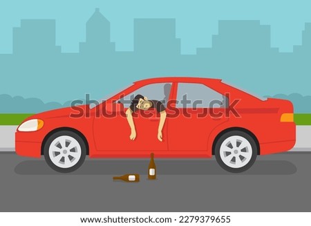 Drunk driver leaning out of the car window. Character's arms hangs down from open window. Side view. Flat vector illustration template.