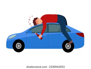 Drunk driver sleeping on car in flat design on white background. Drink don’t drive campaign concept vector illustration.