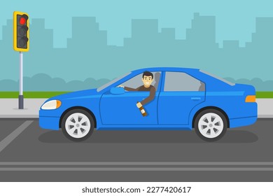 Drunk driver stopped at traffic signal. Happy male driver in a blue car holding a bottle. Young character leaning out of the car window. Side view. Flat vector illustration template.