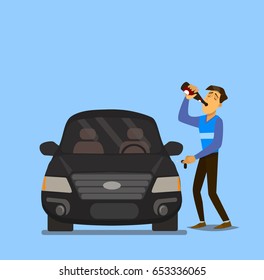 Drunk driver.Drunk man with bottle of alcohol, trying to get in the car. Vector illustration in a flat style.