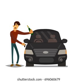 Drunk driver.Drunk man with bottle of alcohol, trying to get in the car. Vector illustration in a flat style.