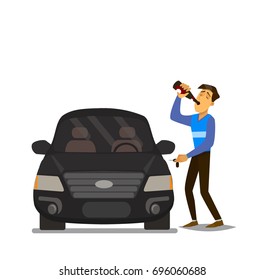 Drunk driver.Drunk man with bottle of alcohol, trying to get in the car. Vector illustration in a flat style.