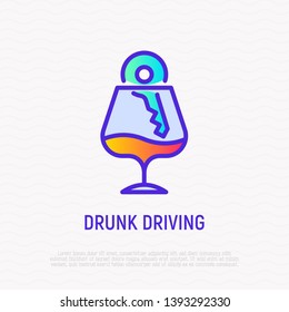 Drunk driving thin line icon: car key in wineglass with alcohol. Vector illustration.