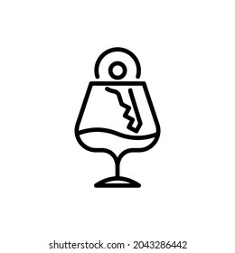 Icono de línea delgada de conducción embriagada, llave del coche en la copa de vino con alcohol. Ilustración vectorial.