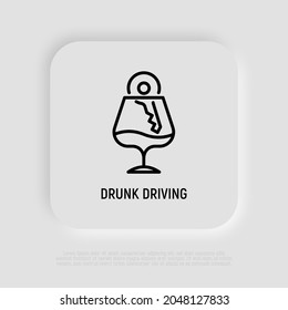Drunk driving thin line icon, car key in wineglass with alcohol. Vector illustration.