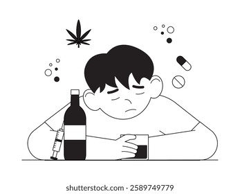 Drunk due to taking drugs and drinking alcohol, black and white outline style, social issue vector illustration.