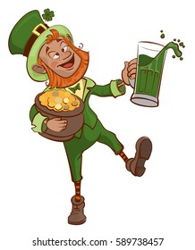 Drunk fun leprechaun holds pot of gold and glass of green beer, St. Patrick's Day illustration. Isolated on white vector cartoon