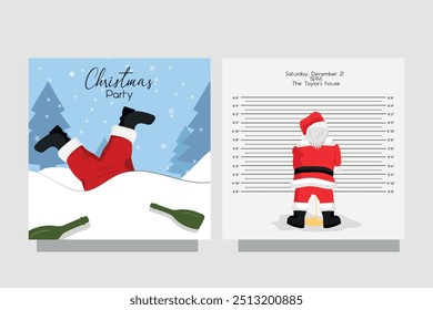 Drunk funny Santa falls into the snow. Bad Santa police mugshot peeing. Front and back card invitation 