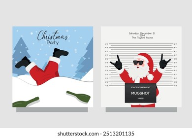 Drunk funny Santa falls into the snow. Bad Santa police mugshot greeting New Year. Front and back card invitation 