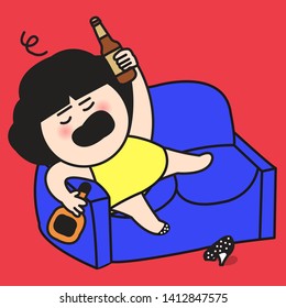 Drunk Girl Gone Wild With One Bottle Beer In Hand And One Alcohol Drink In The Others Concept Card Character illustration