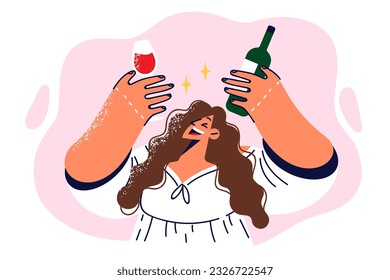 Drunk girl holding bottle of red wine and glass offering to drink during birthday party. Cheerful woman is resting and drinking wine, inviting to celebrate festive event and enjoy taste of bordeaux