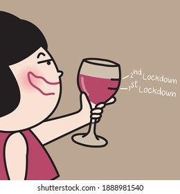 Drunk Girl Is Holding A Glass Of Wine And Drinking More Of It Under Second Virus Lockdown At Home Concept Card Character illustration