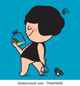 Drunk Girl Holding Perfume Bottle And Empty Glass Of Wine. Funny Social Issue Alcoholism Concept Card Character illustration