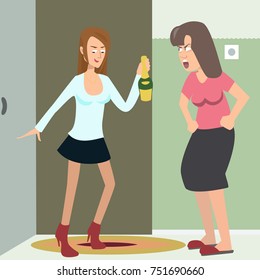 drunk girl returns home - funny vector cartoon illustration