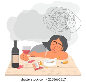 Drunk girl sleeping on the table. A glass of wine in his hand, a cigarette in an ashtray on the table. Depression, stress. Alcohol and nicotine addiction, harmful habit. Vector illustration