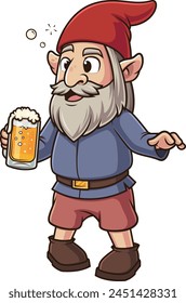 Drunk gnome having difficulty walking while holding a glass of beer vector illustration