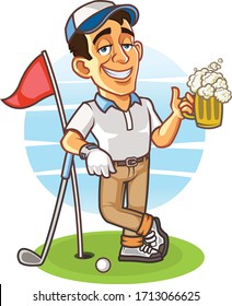 
Golfista ebrio sostiene una copa de mascota de caricaturas de cerveza