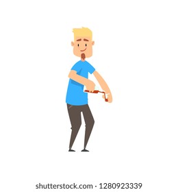 Drunk guy pouring a glass of alcoholic beverage, funny guy character drinking alcohol vector Illustration