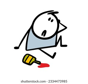 Drunk guy is sitting on the ground and dropped a bottle of wine. Vector illustration of cartoon  character and an alcoholic drink. Cute doodle stickman isolated on white background.