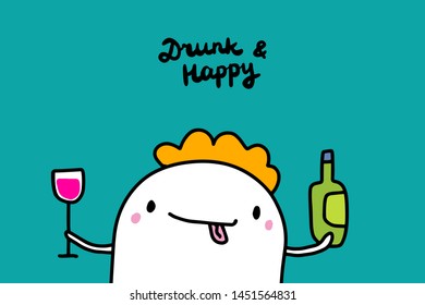Drunk and happy hand drawn vector illustration in cartoon style. Cute man holding bottle and glass of wine background