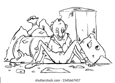 Drunk homeless man sitting in the trash. Cartoon character. Vector illustration