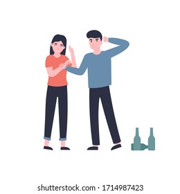 Drunk husband beats his wife. Flat vector cartoon modern illustration.