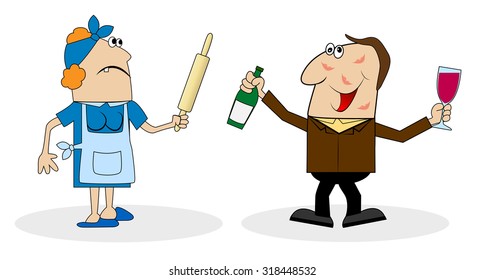 drunk husband and wife with a rolling pin ,vector illustration