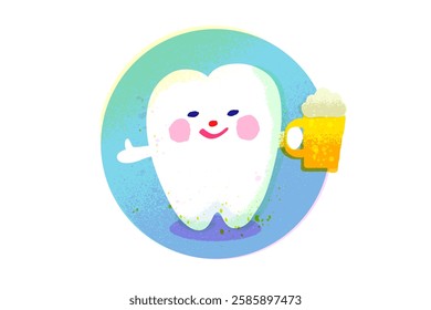 Drunk insane tooth with beer. Dental vector illustration