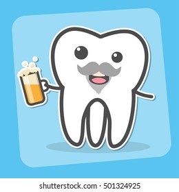 Drunk insane tooth with beer. Wisdom tooth can causes pain concept. Toothache. Dental vector illustration