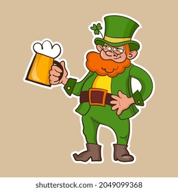 Drunk Irish leprechaun with a mug of beer. Vector illustration.