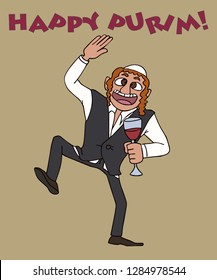 drunk jew dancing with cup of wine, funny purim greetings card