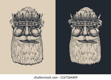 Drunk King Shows Tongue. engraved style. vector illustration