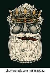 Drunk King Shows Tongue.  engraved style. vector illustration