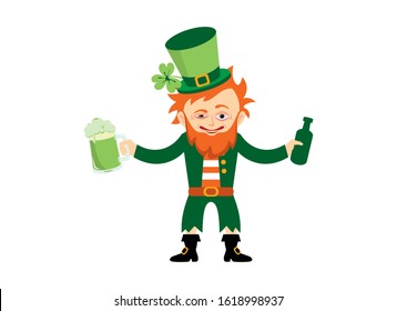 Drunk leprechaun cartoon character. Saint Patrick's Day with drunken leprechaun vector. Funny leprechaun with beer vector