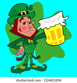 A drunk Leprechaun character standing nonchalant holding up a mug of beer. Stylized cartoon treatment with shamrock graphic in background. 