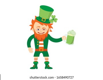 Vector de leprechaun seco. Icono de Leprechaun aislado en un fondo blanco. Gracioso leprechaun con vector de cerveza. Día de San Patricio con el vector leprechaun borracho