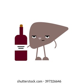 Drunk liver illustration. Cartoon vector human organ character isolated on background. Vector illustration of unhealthy lifestyle.
