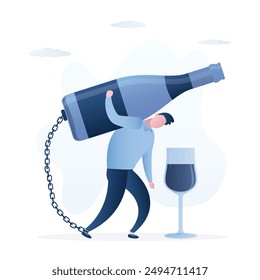 Drunk male character chained to wine bottle. Alcohol addiction, hangover. Unhappy young man dependent to strong alcoholic drinks . Alcoholism, social issues, unhealthy lifestyle. vector illustration