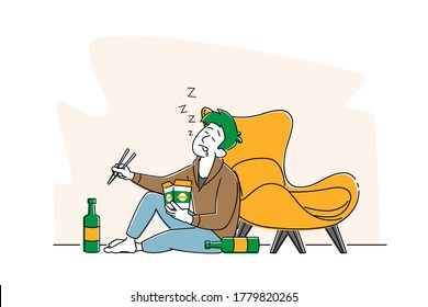 Carácter masculino ebrio con caja de trabajo y palillos en la mano durmiendo en el suelo con botellas de alcohol alrededor y saliva goteando desde la boca. Hombre Alcohólico, Alcoholismo Adicción. Ilustración de vectores lineales