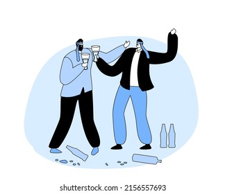 Drunk Male Characters with Tied Bows on Head Drink Alcohol and Singing Songs with Scatter Bottles around. Corporate, Men Alcoholics, Alcoholism Addiction. Cartoon Linear Flat Vector Illustration