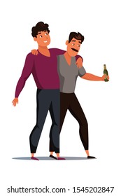 Drunk male flat vector characters. Guy holding bottle with beer isolated on white background. Friends walking, going from pub, bar. Cartoon men drinking alcohol design element