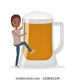 Drunk man with alcohol addiction with big cup of beer. Male character addict to unhealthy habit. Vector flat illustration