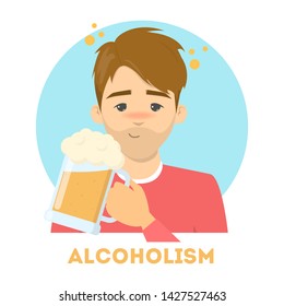 Drunk man with an alcohol addiction holding a cup of beer. Alcoholism disease, dependence from drink. Isolated vector illustration in cartoon style